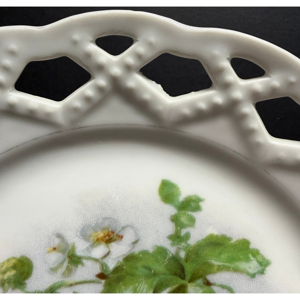 Antique German Reticulated Porcelain Plate Hand Painted StrawberriesGooseberries - Picture 8 of 10